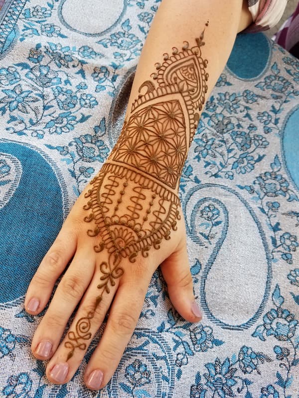 Geometric henna panel with lattice work covering the top of a foot and ankle