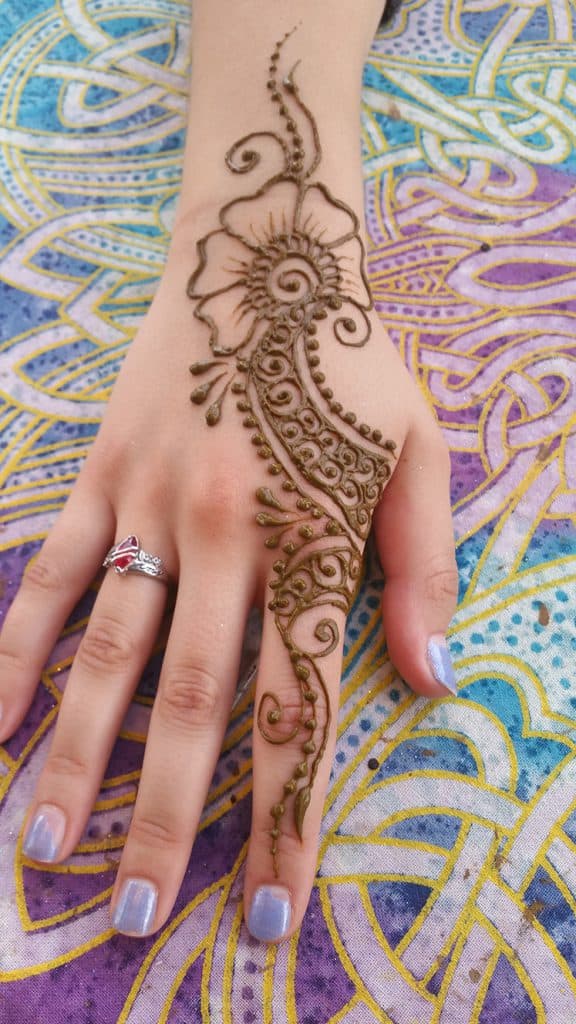 Detailed henna work along a forearm